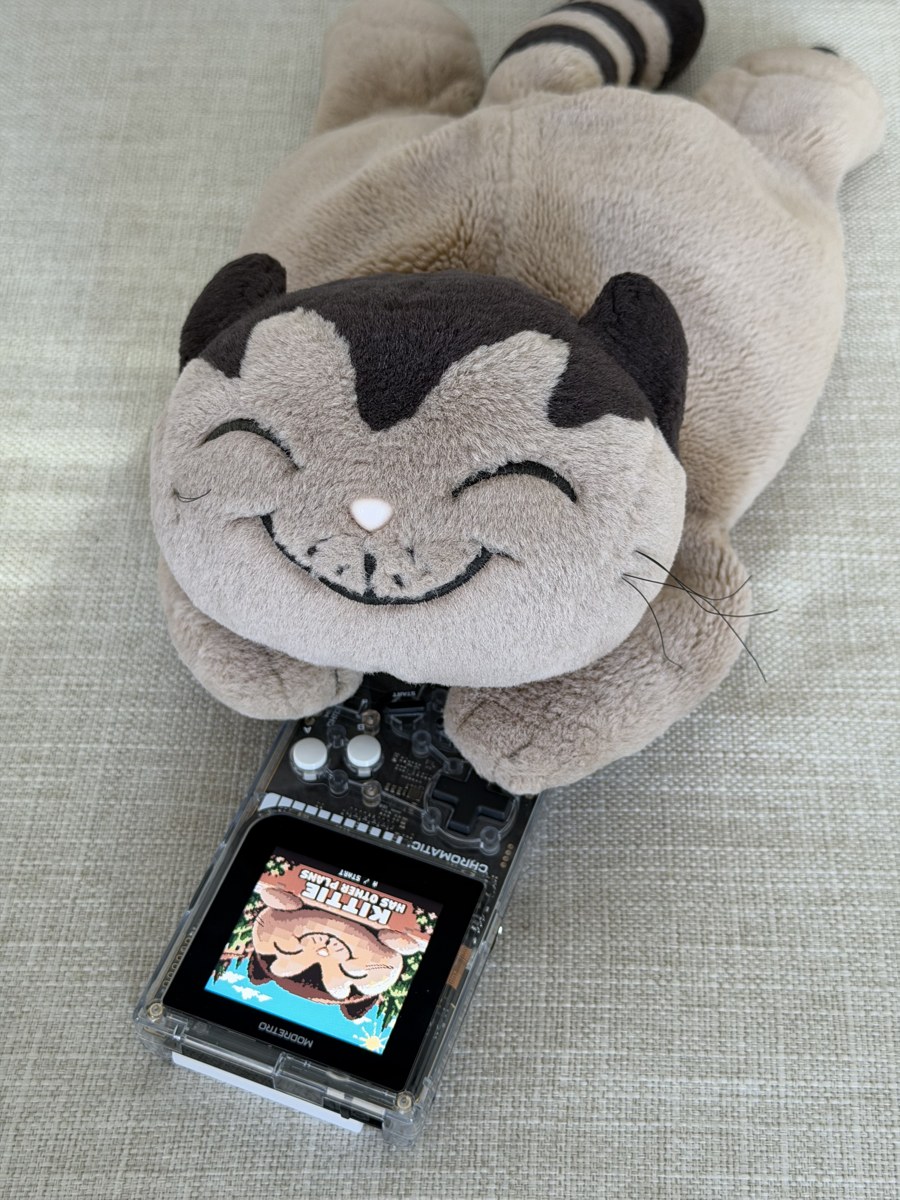Kittie resting his paws on a ModRetro Chromatic displaying the cover of Kittie Has Other Plans